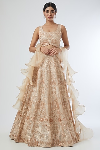 Gold Embroidered Lehenga Set by Disha Patil