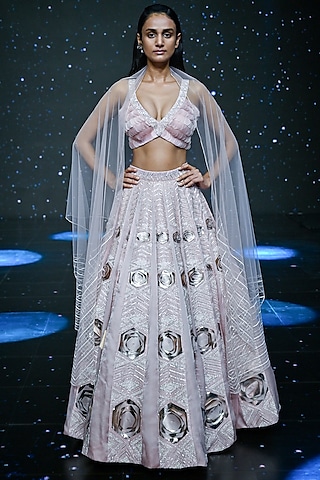 Misty Mauve Hand Embroidered Lehenga Set by Disha Patil