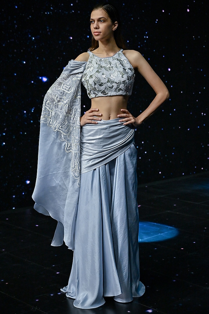 Arctic Ice Blue Embroidered Wedding Lehenga Set by Disha Patil at Pernia's Pop Up Shop