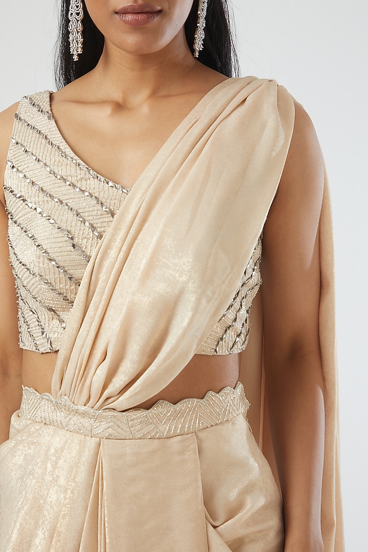 Champagne Gold Georgette Sequins Embroidered Draped Wedding Saree Set by Disha Patil at Pernia's Pop Up Shop