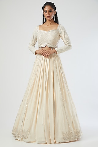 Champagne Gold Embroidered Lehenga Set by Disha Patil