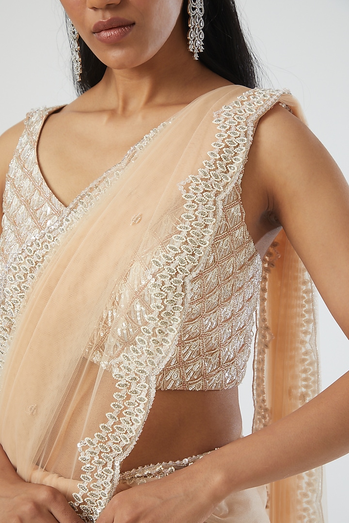 Peach Net Sequins Embroidered Draped Wedding Saree Set by Disha Patil at Pernia's Pop Up Shop