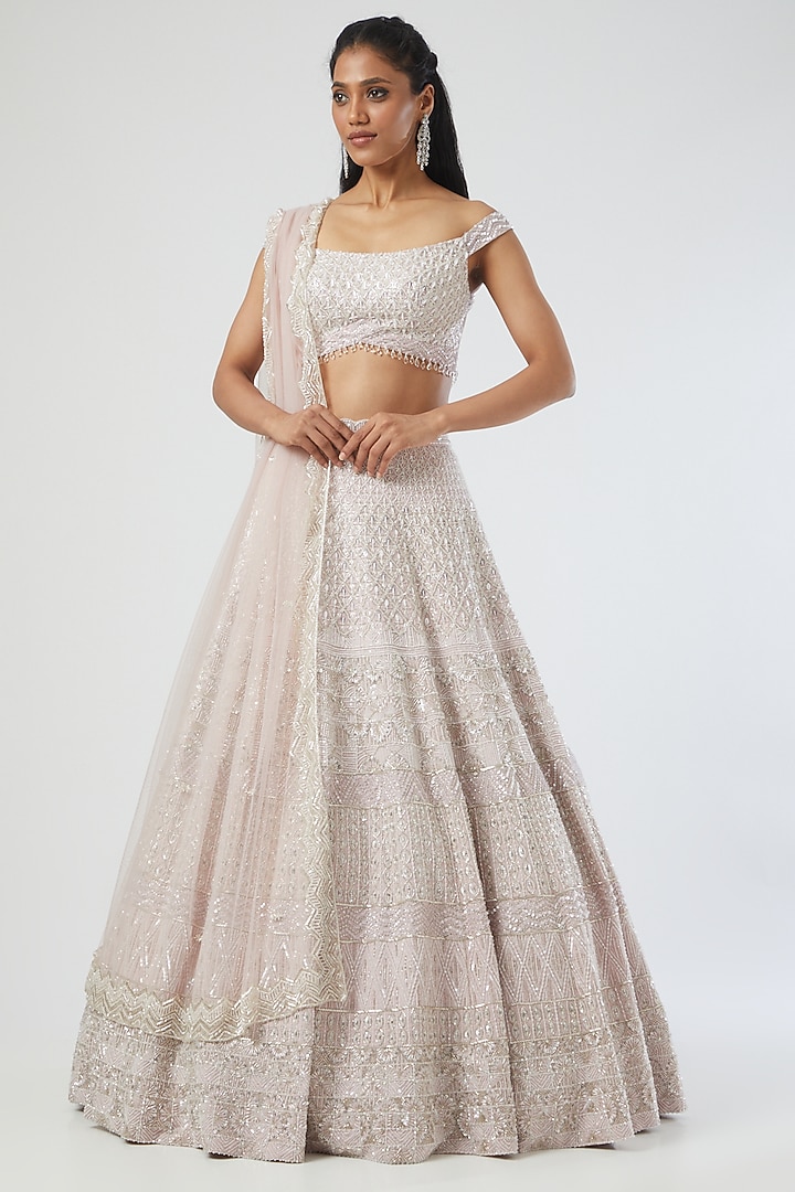 Powder Pink Embroidered Bridal Lehenga Set by Disha Patil at Pernia's Pop Up Shop