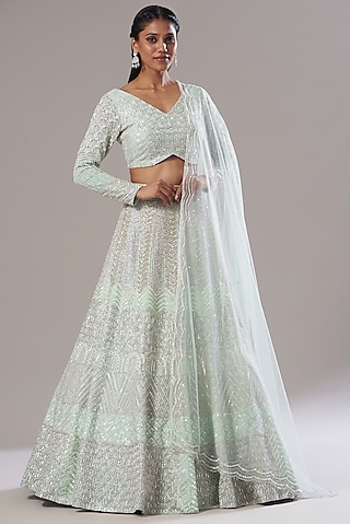 Powder Blue Embroidered Lehenga Set by Disha Patil
