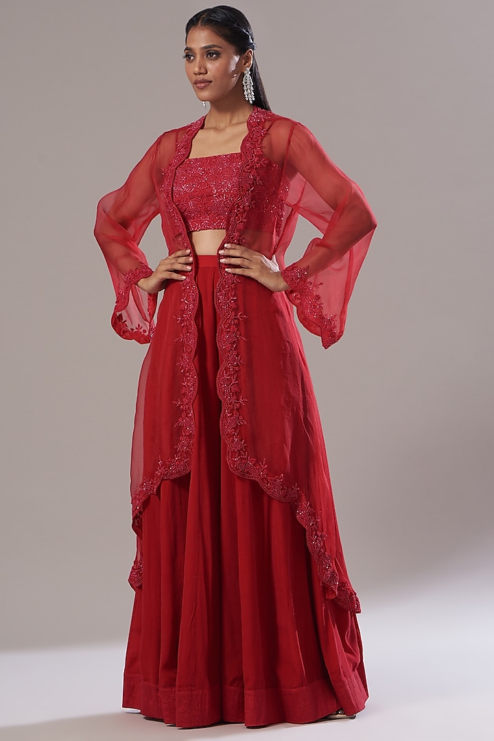 Red Organza Cape Set by Disha Patil