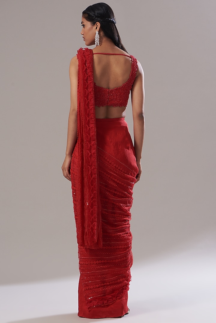 Red Net Sequins Embroidered Draped Wedding Saree Set by Disha Patil at Pernia's Pop Up Shop