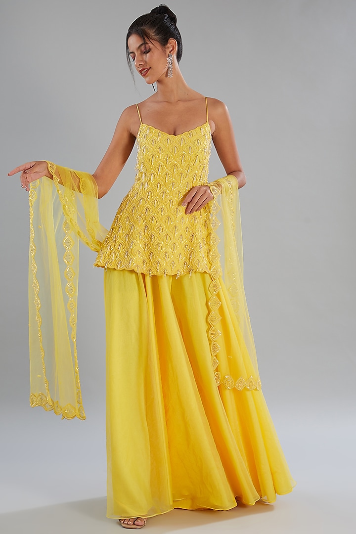 Yellow Crepe Embellished Kurta Set by Disha Patil at Pernia's Pop Up Shop