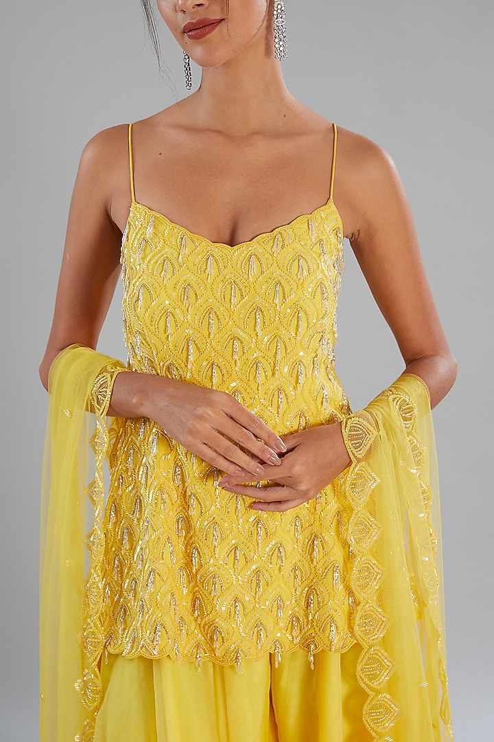 Yellow Crepe Embellished Kurta Set by Disha Patil at Pernia's Pop Up Shop