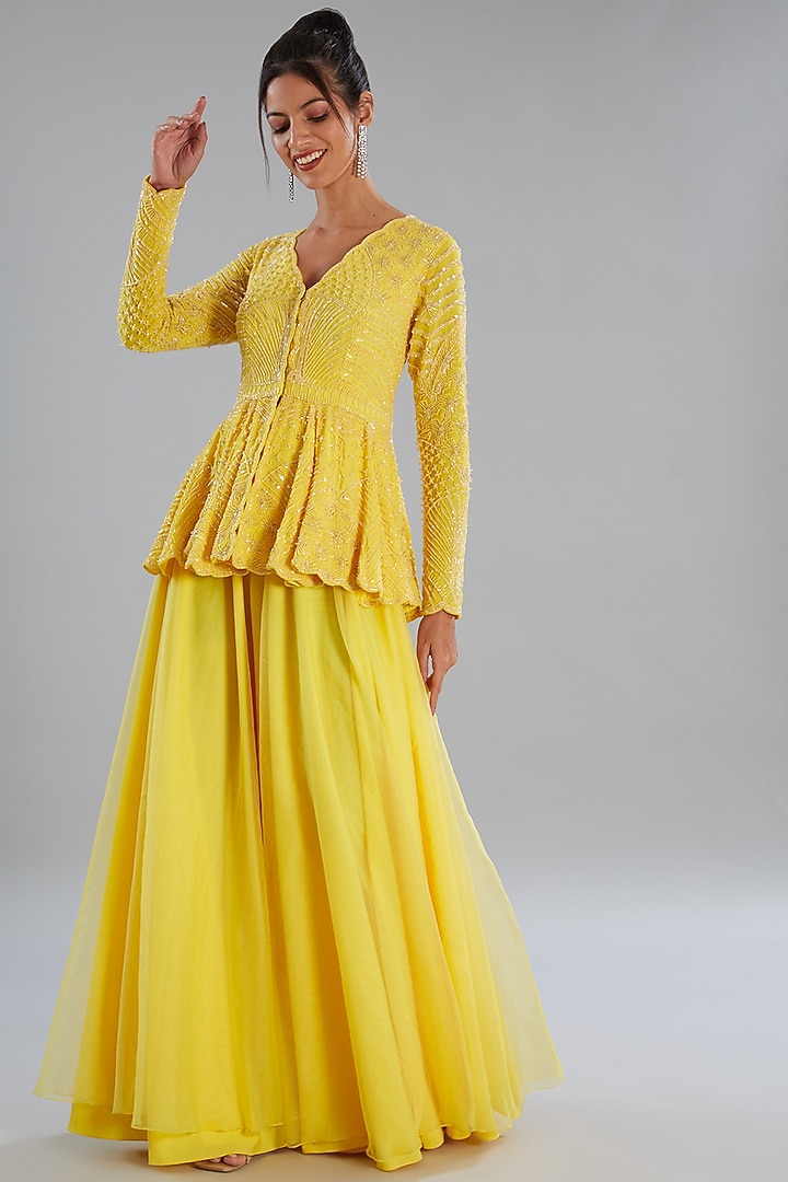Yellow Crepe & Organza Embroidered Kurta Set by Disha Patil at Pernia's Pop Up Shop