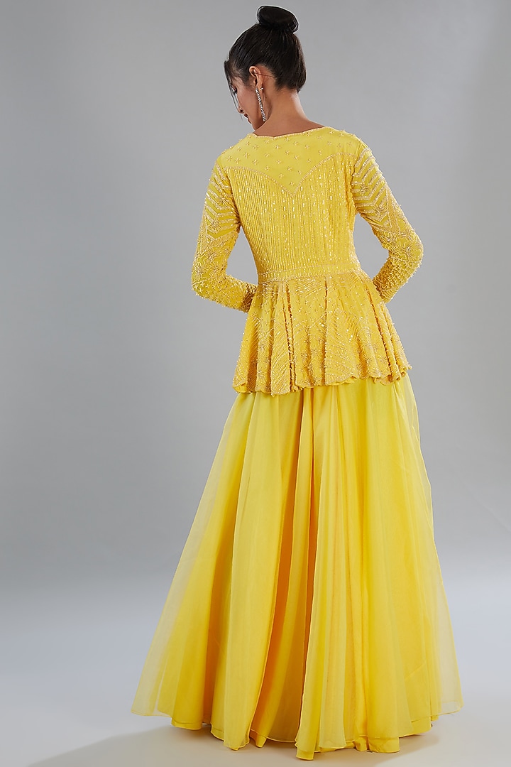 Yellow Crepe & Organza Embroidered Kurta Set by Disha Patil at Pernia's Pop Up Shop