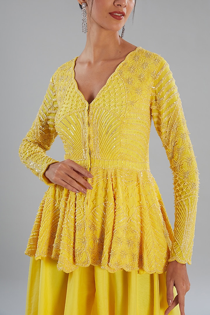 Yellow Crepe & Organza Embroidered Kurta Set by Disha Patil at Pernia's Pop Up Shop
