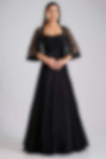 Black Crepe & Satin Organza Jacket Wedding Gown by Disha Patil at Pernia's Pop Up Shop