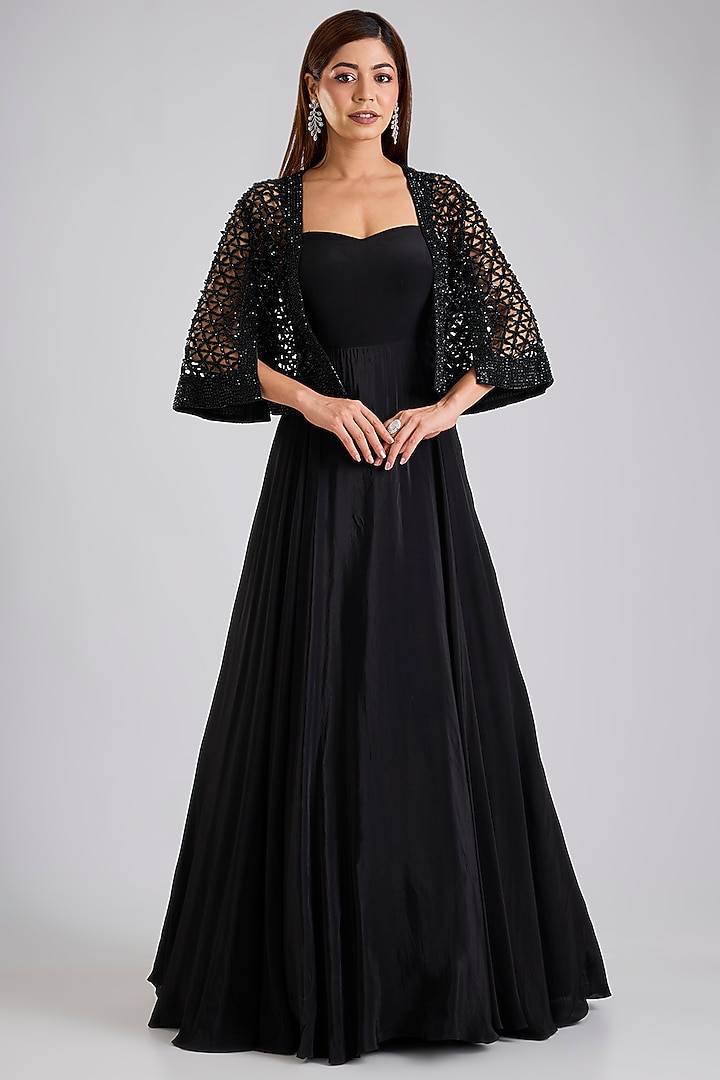 Black Crepe & Satin Organza Jacket Wedding Gown by Disha Patil at Pernia's Pop Up Shop