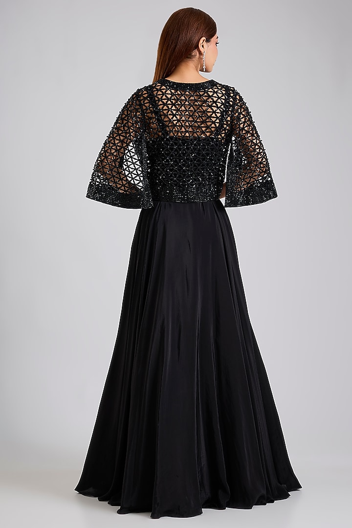 Black Crepe & Satin Organza Jacket Wedding Gown by Disha Patil at Pernia's Pop Up Shop