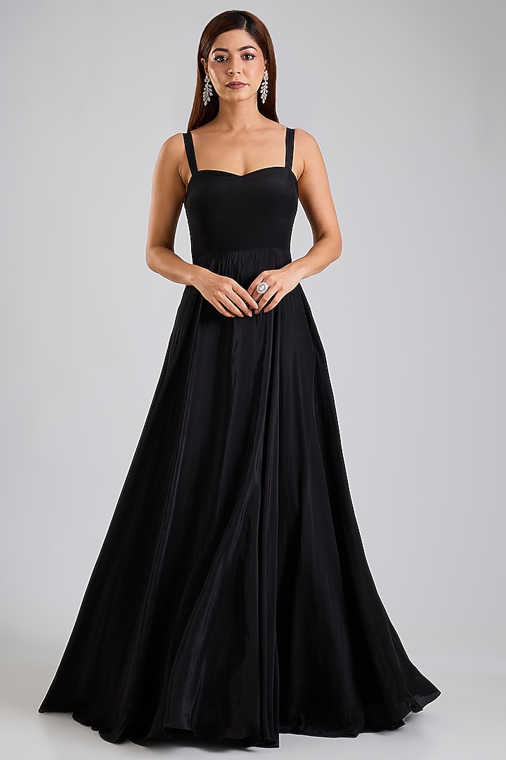 Black Crepe & Satin Organza Jacket Wedding Gown by Disha Patil at Pernia's Pop Up Shop