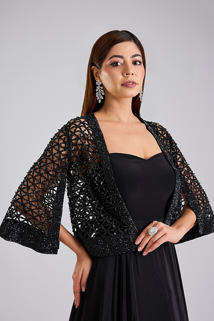 Black Crepe & Satin Organza Jacket Wedding Gown by Disha Patil at Pernia's Pop Up Shop