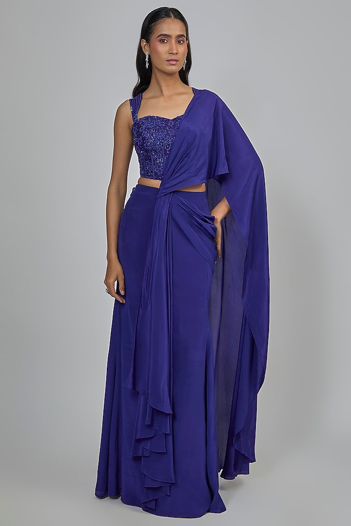 Pixie-Colored Crepe Draped Reception Saree Set by Disha Patil at Pernia's Pop Up Shop