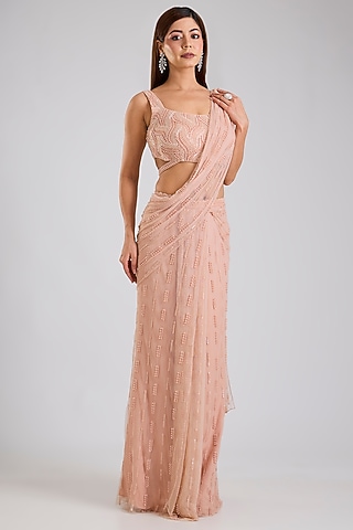 Blush Pink Soft Net & Raw Silk Draped Saree Set by Disha Patil