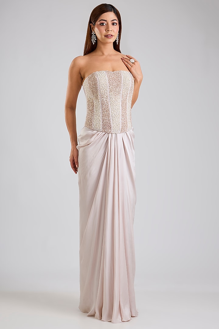 Grey Organza Draped Skirt Set by Disha Patil at Pernia's Pop Up Shop