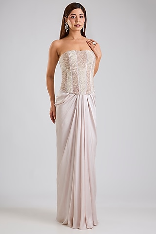 Grey Organza Draped Skirt Set by Disha Patil