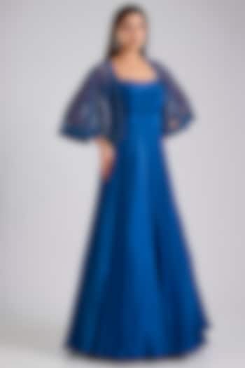 Blue Crepe & Satin Organza Jacket Wedding Gown by Disha Patil at Pernia's Pop Up Shop