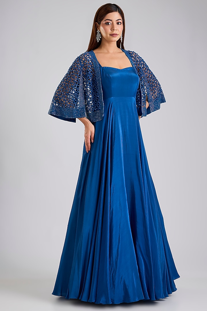 Blue Crepe & Satin Organza Jacket Wedding Gown by Disha Patil at Pernia's Pop Up Shop