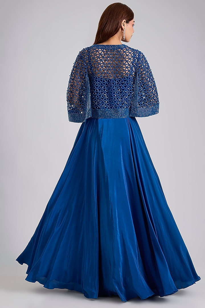 Blue Crepe & Satin Organza Jacket Wedding Gown by Disha Patil at Pernia's Pop Up Shop