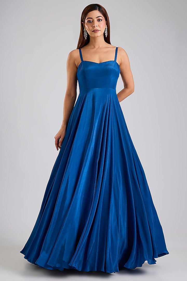 Blue Crepe & Satin Organza Jacket Wedding Gown by Disha Patil at Pernia's Pop Up Shop