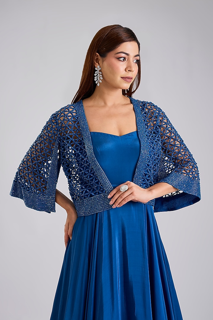 Blue Crepe & Satin Organza Jacket Wedding Gown by Disha Patil at Pernia's Pop Up Shop