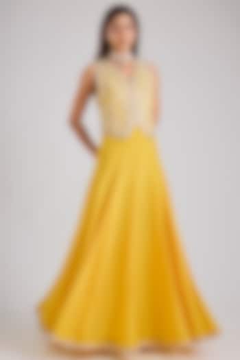 Yellow Raw Silk & Crepe Skirt Set by Disha Patil at Pernia's Pop Up Shop