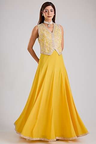 Yellow Raw Silk & Crepe Skirt Set by Disha Patil