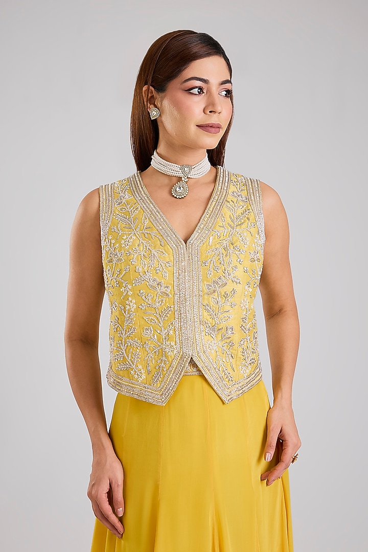 Yellow Raw Silk & Crepe Skirt Set by Disha Patil at Pernia's Pop Up Shop