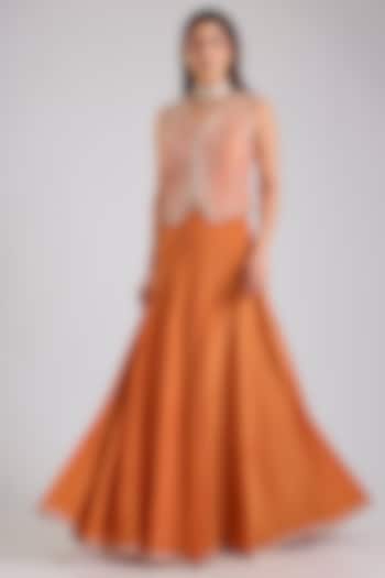 Rust Orange Raw Silk & Crepe Skirt Set by Disha Patil at Pernia's Pop Up Shop