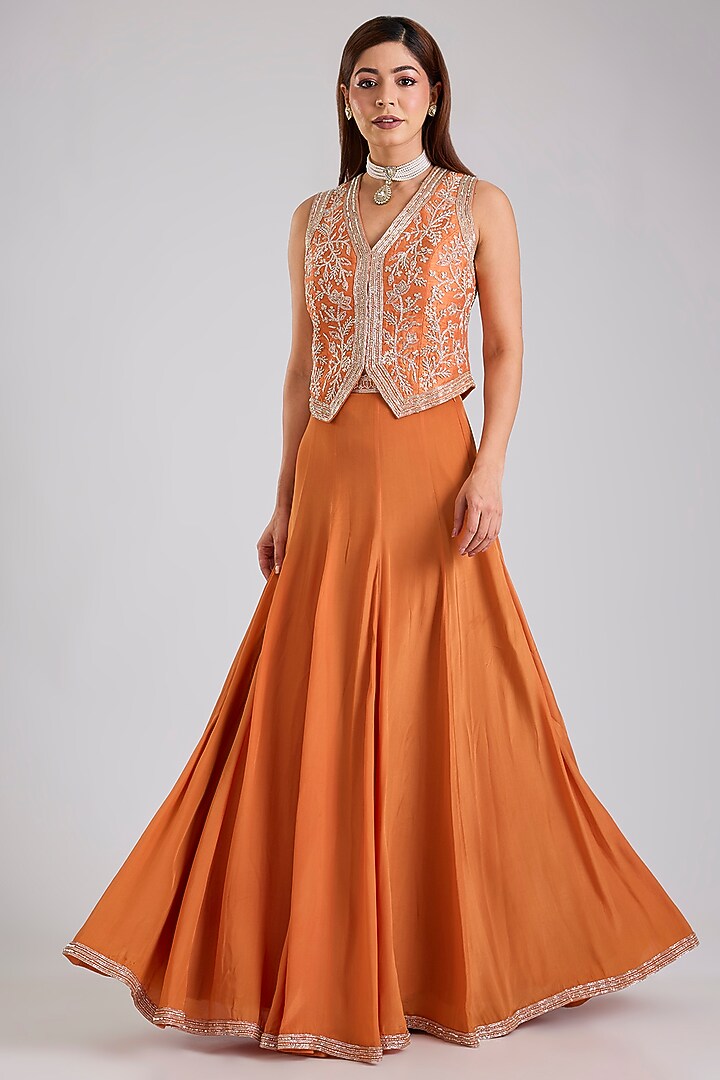Rust Orange Raw Silk & Crepe Skirt Set by Disha Patil at Pernia's Pop Up Shop