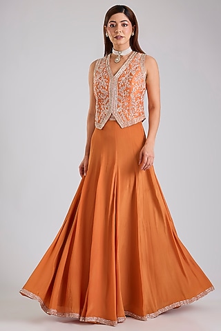 Rust Orange Raw Silk & Crepe Skirt Set by Disha Patil