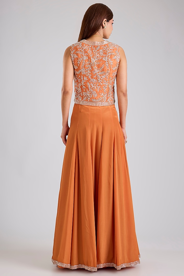 Rust Orange Raw Silk & Crepe Skirt Set by Disha Patil at Pernia's Pop Up Shop