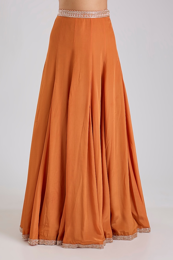 Rust Orange Raw Silk & Crepe Skirt Set by Disha Patil at Pernia's Pop Up Shop