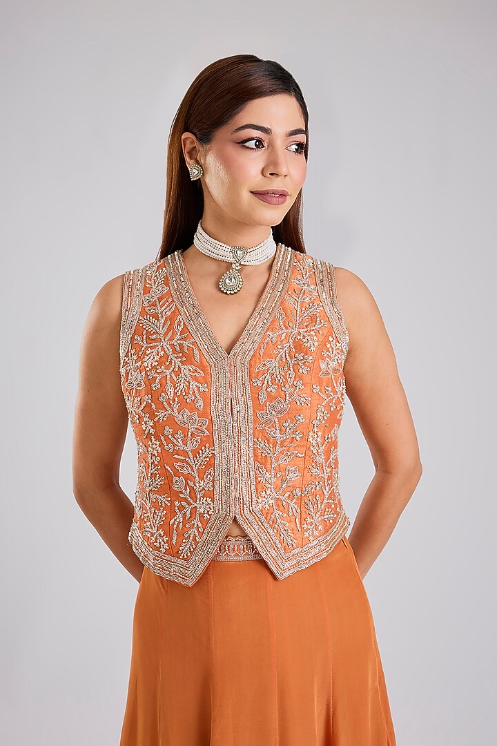 Rust Orange Raw Silk & Crepe Skirt Set by Disha Patil at Pernia's Pop Up Shop