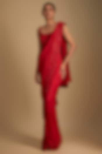 Red Dupion Pre-Draped Saree Set by Disha Patil at Pernia's Pop Up Shop