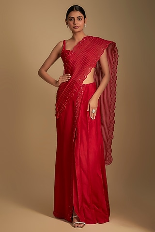 Red Dupion & Organza Pre-Draped Skirt Saree Set by Disha Patil