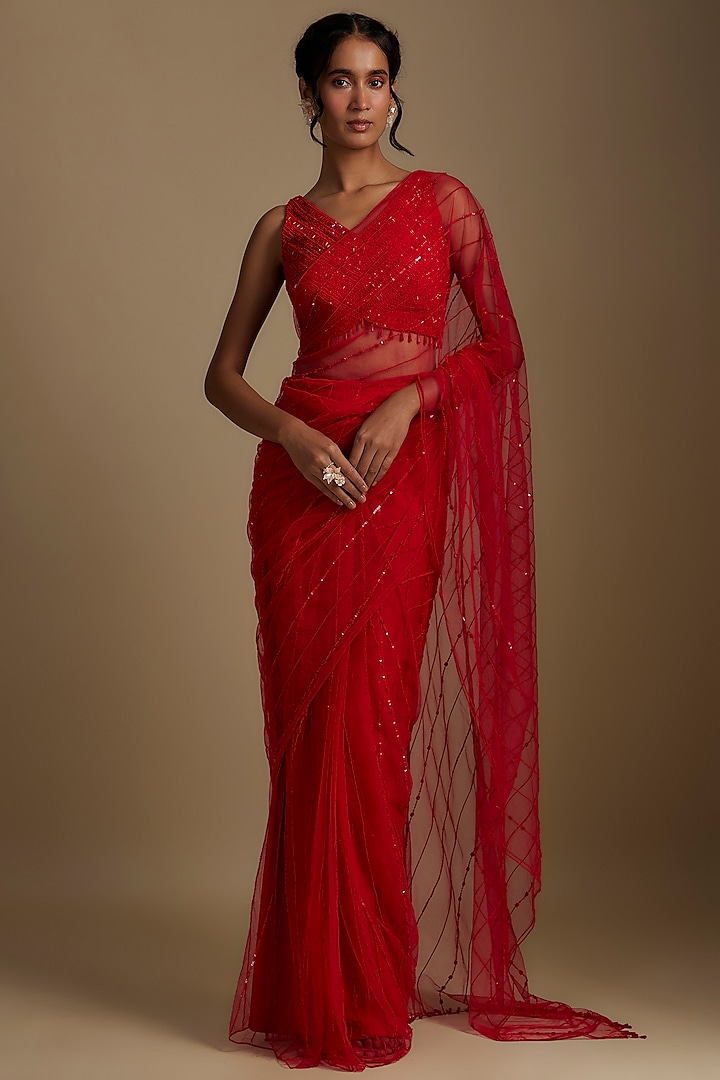 Red Net Hand Embellished Pre-Draped Saree Set by Disha Patil at Pernia's Pop Up Shop