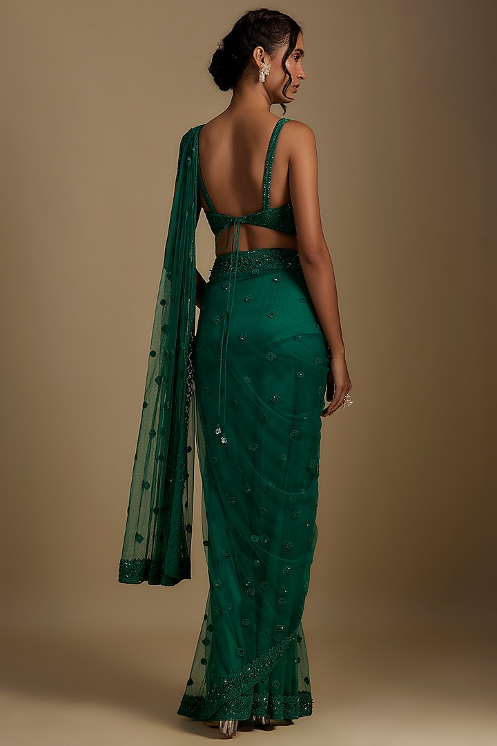 Green Net Hand Embroidered Pre-Draped Reception Saree Set by Disha Patil at Pernia's Pop Up Shop