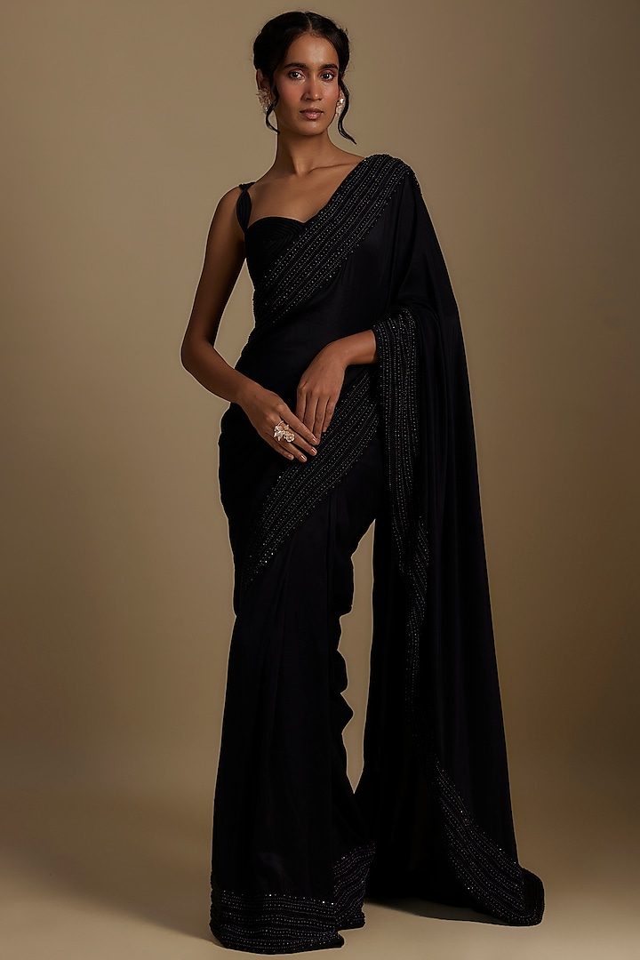 Black Silk Pre-Draped Saree Set by Disha Patil at Pernia's Pop Up Shop