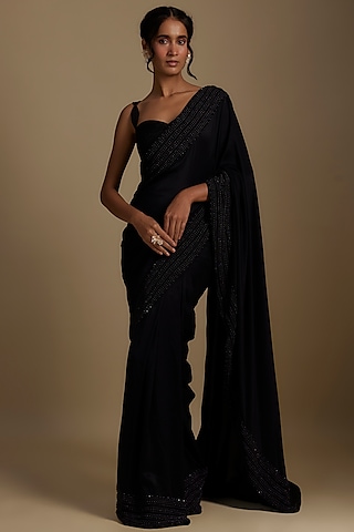 Black Silk Pre-Draped Saree Set by Disha Patil