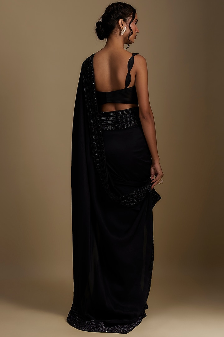 Black Silk Pre-Draped Reception Saree Set by Disha Patil at Pernia's Pop Up Shop