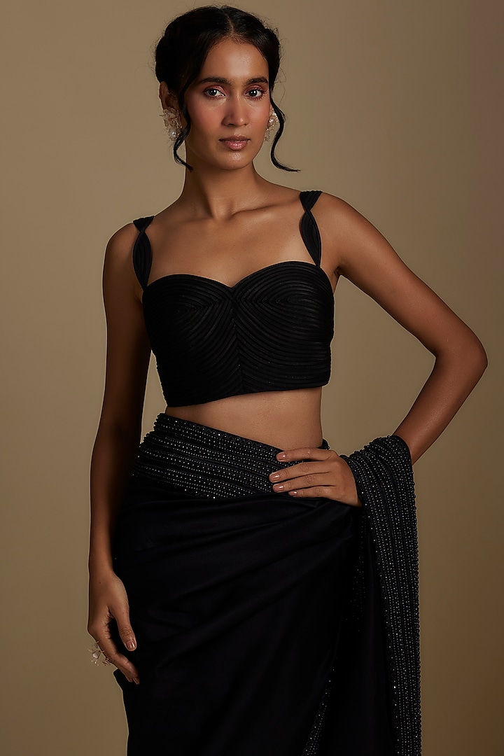 Black Silk Pre-Draped Reception Saree Set by Disha Patil at Pernia's Pop Up Shop