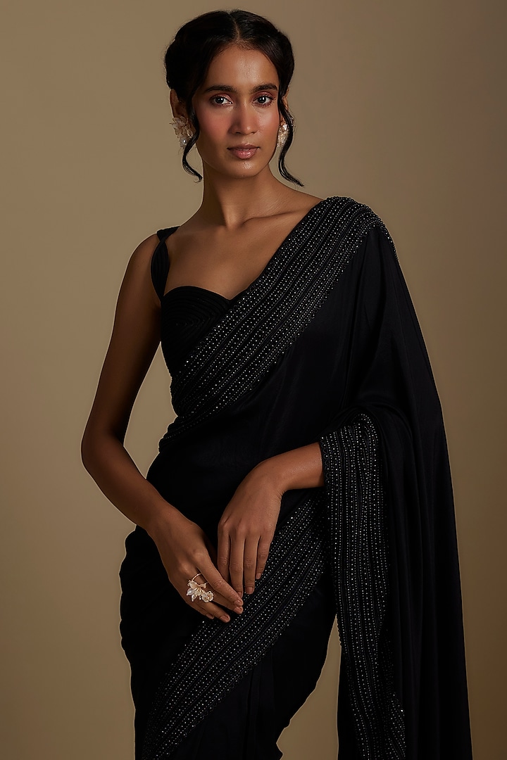 Black Silk Pre-Draped Reception Saree Set by Disha Patil at Pernia's Pop Up Shop