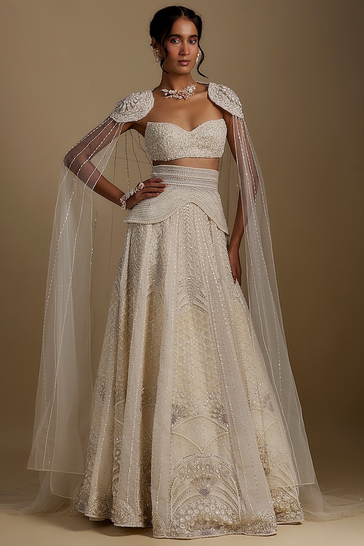 White Net & Organza Hand Embellished Bridal Lehenga Set by Disha Patil at Pernia's Pop Up Shop