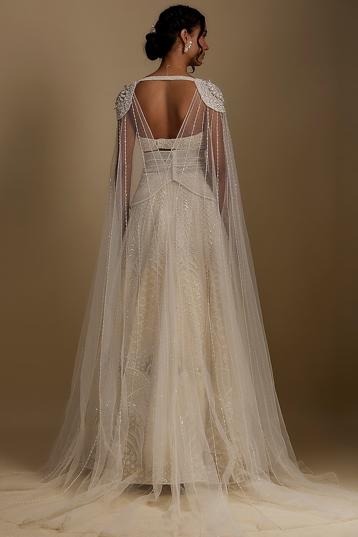 White Net & Organza Hand Embellished Bridal Lehenga Set by Disha Patil at Pernia's Pop Up Shop