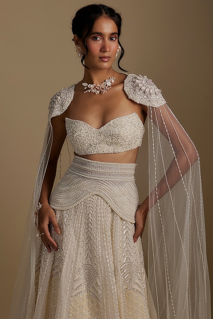 White Net & Organza Hand Embellished Bridal Lehenga Set by Disha Patil at Pernia's Pop Up Shop